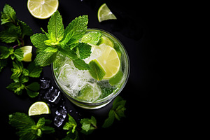 Flat lay of alcoholic mojito with ice and mint on black background, a Food & Drink Photo by AlyaAnd