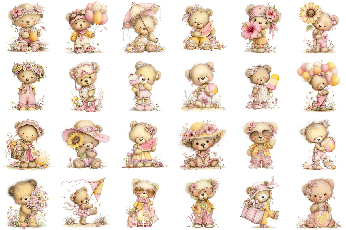 Whimsical Summer Teddy Bear Clipart, an Illustration by designcity5 (Photo 2 of 5)