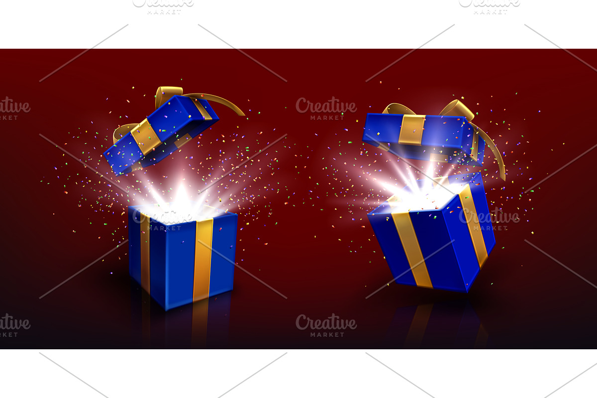 Open 3D blue gift box with golden, an Object Illustration by art PVP - market