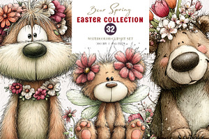 Whimsical Bear Spring Floral Clipart, an Illustration by CreationArt