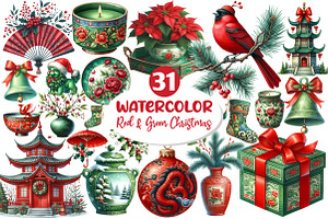 Chinoiserie Red & Green Christmas, an Illustration by Dream Creation