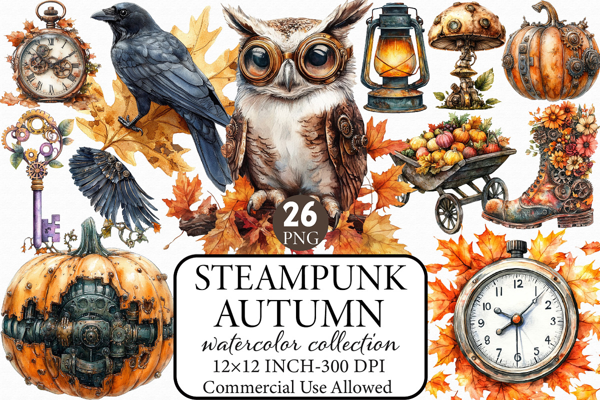 Watercolor Steampunk Autumn Clipart, an Illustration by Libby Wishes (Photo 1 of 9)