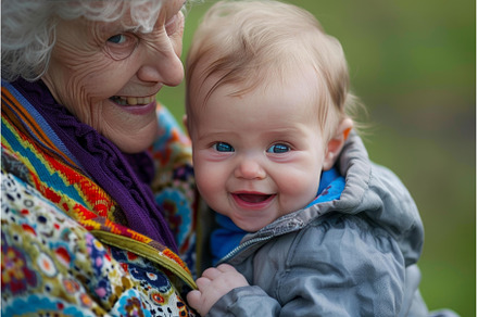 Grandmother holding smiling baby in, a Person Photo by Ylivdesign