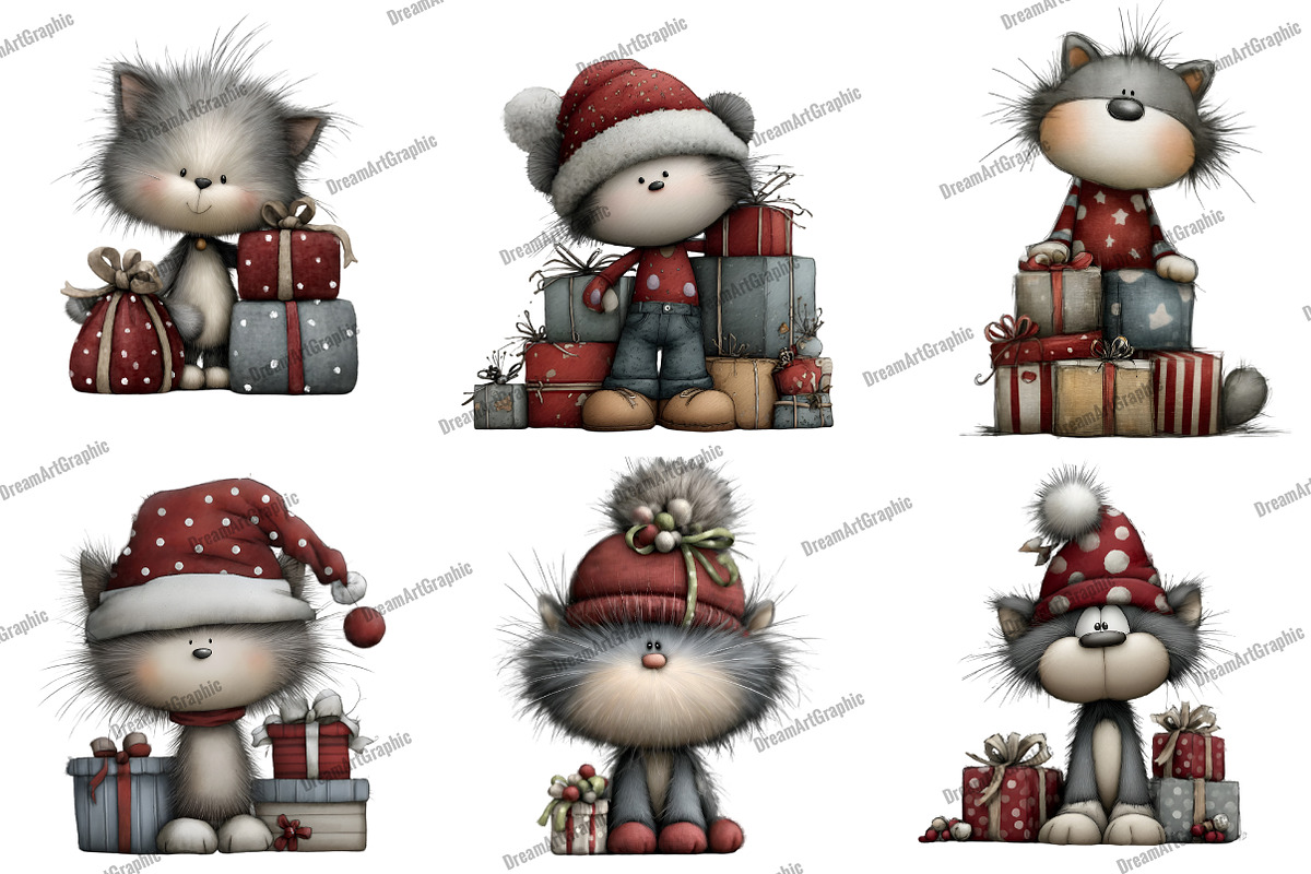 Funny Christmas Cat Clipart, an Illustration by DreamArtGraphic (Photo 1 of 5)