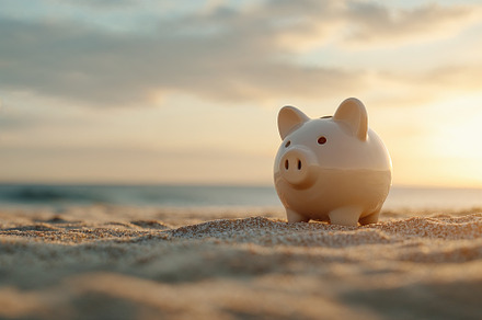 Piggy bank on the beach during sunset., a Business Photo by OSORIOartist