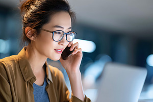 Young Asian woman in glasses talks, a Business Photo by MistyDay