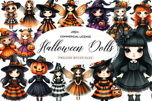 Whimsical Halloween Dolls Clipart, an Illustration by CreationArt