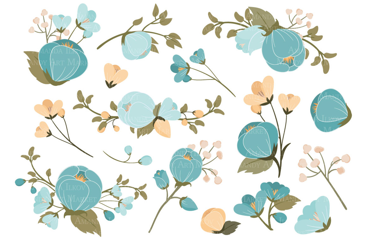 Vintage Blue Floral Clip Art, an Illustration by Amanda Ilkov (Photo 2 of 3)