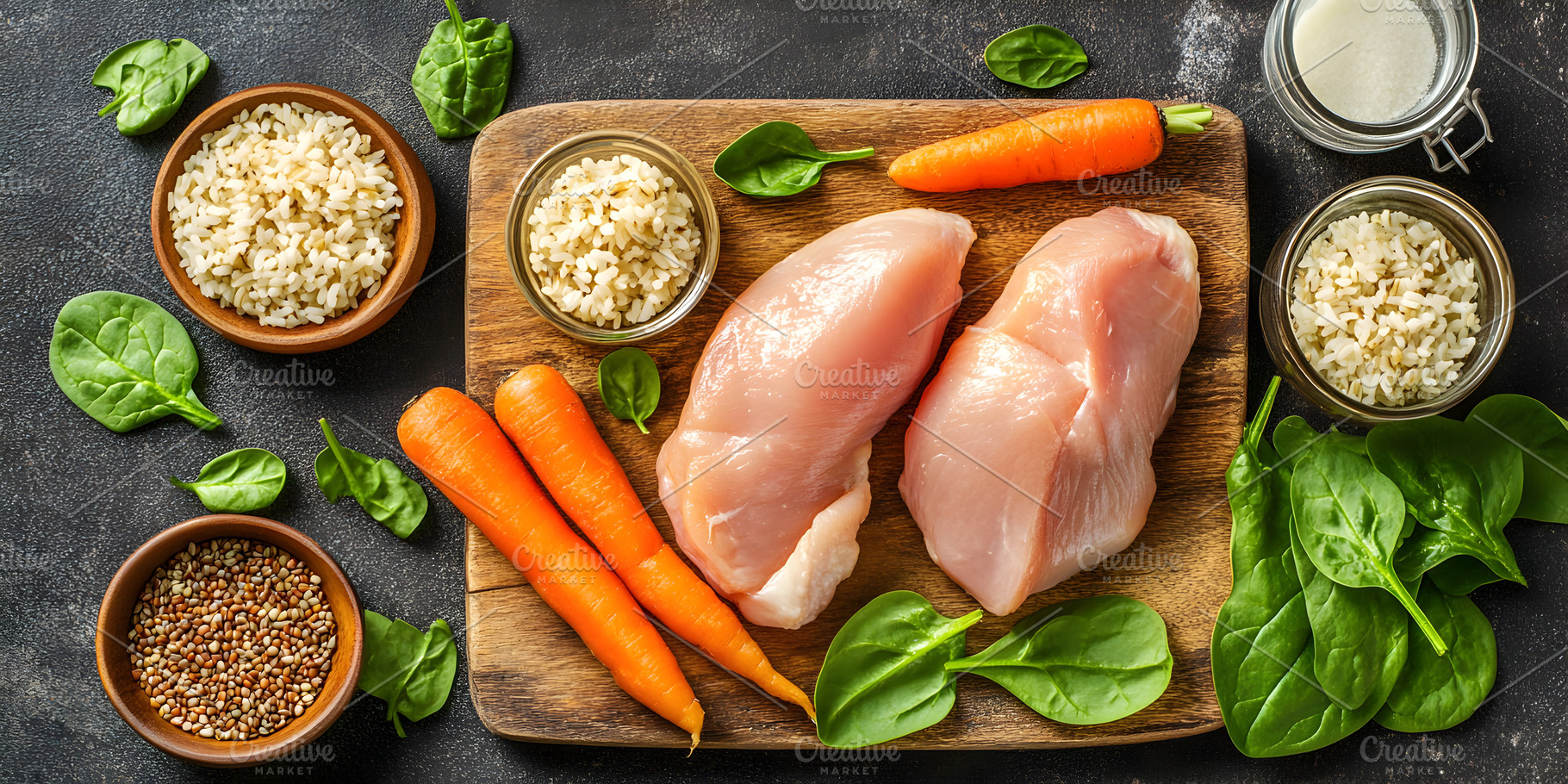 Raw chicken fillets with rice and fr, a Food & Drink Photo by Photostock