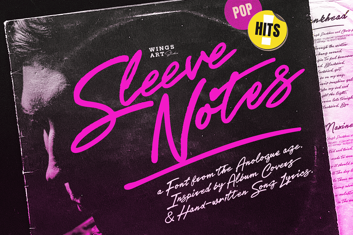 Sleeve Notes: Analogue Script Font, a Script Font by Wingsart Studio (Photo 1 of 12)