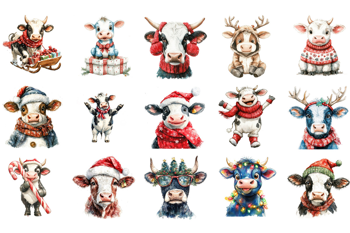 Funny Christmas Cow Clipart Bundle, an Illustration by Designking (Photo 3 of 5)
