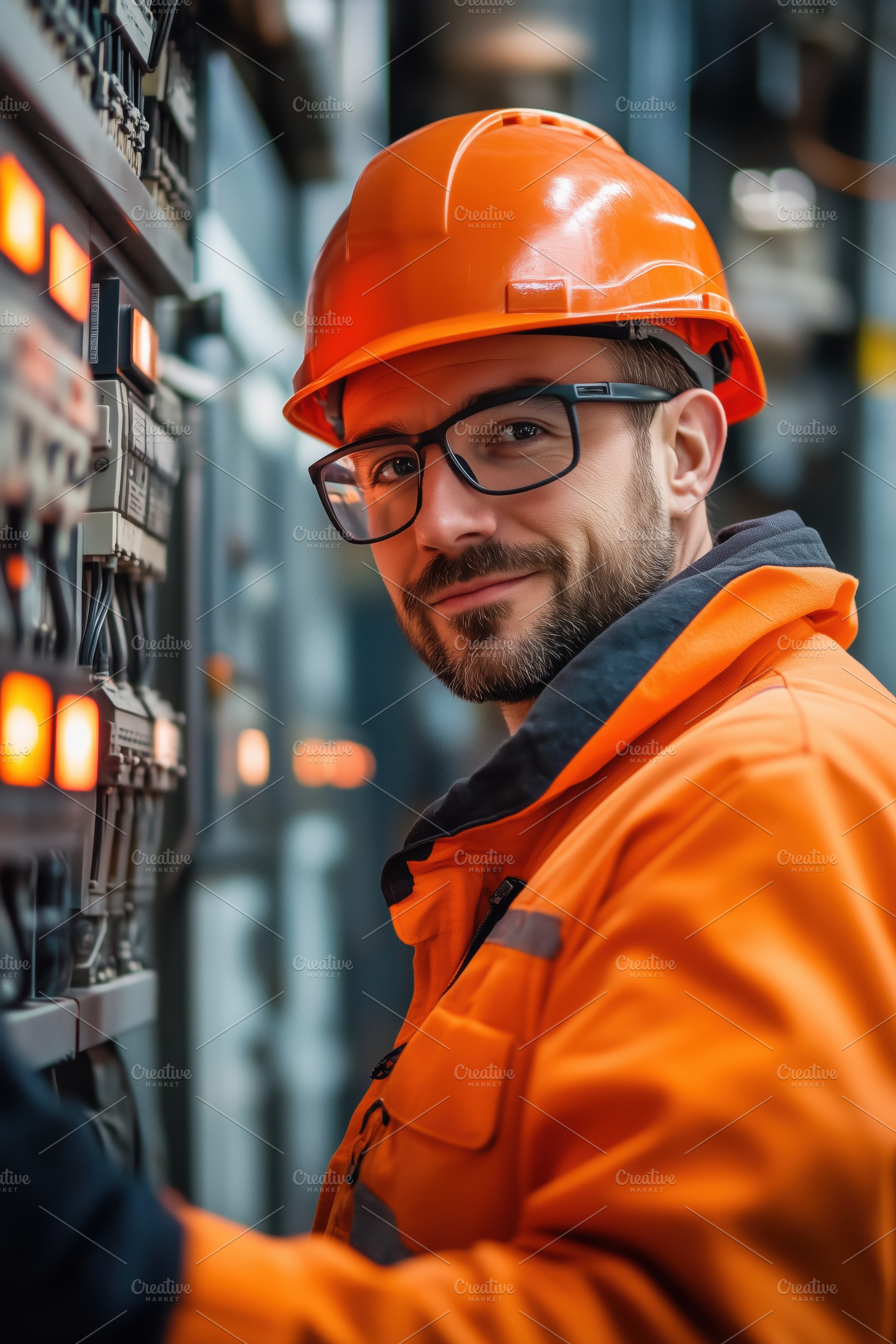A smiling male relay protection and automation engineer worker in an orange saf, a Person Photo by Textures & Backgrounds