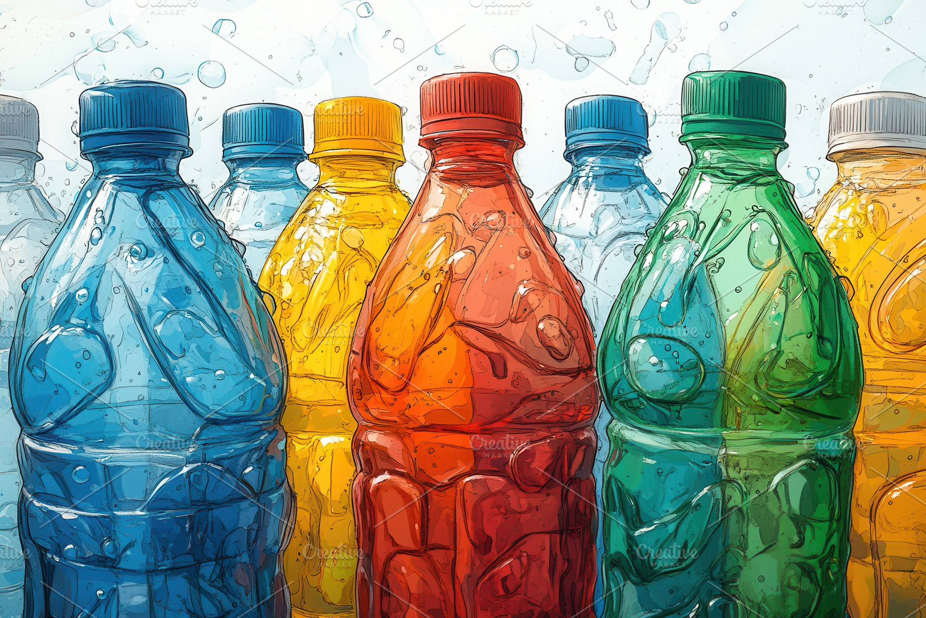 Colorful water bottles arranged in a, a Photo by Tanuart