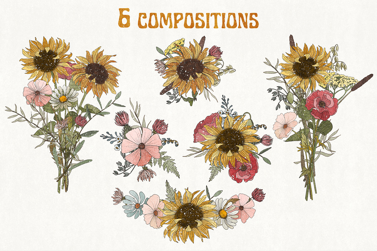 Retro field flowers & sunflowers, a Decorative Illustration by marie dricot (Photo 7 of 10)