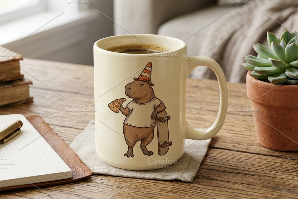 Capybara eating pizza skateboarding, an Animal Illustration by Vectorlina (Photo 4 of 4)