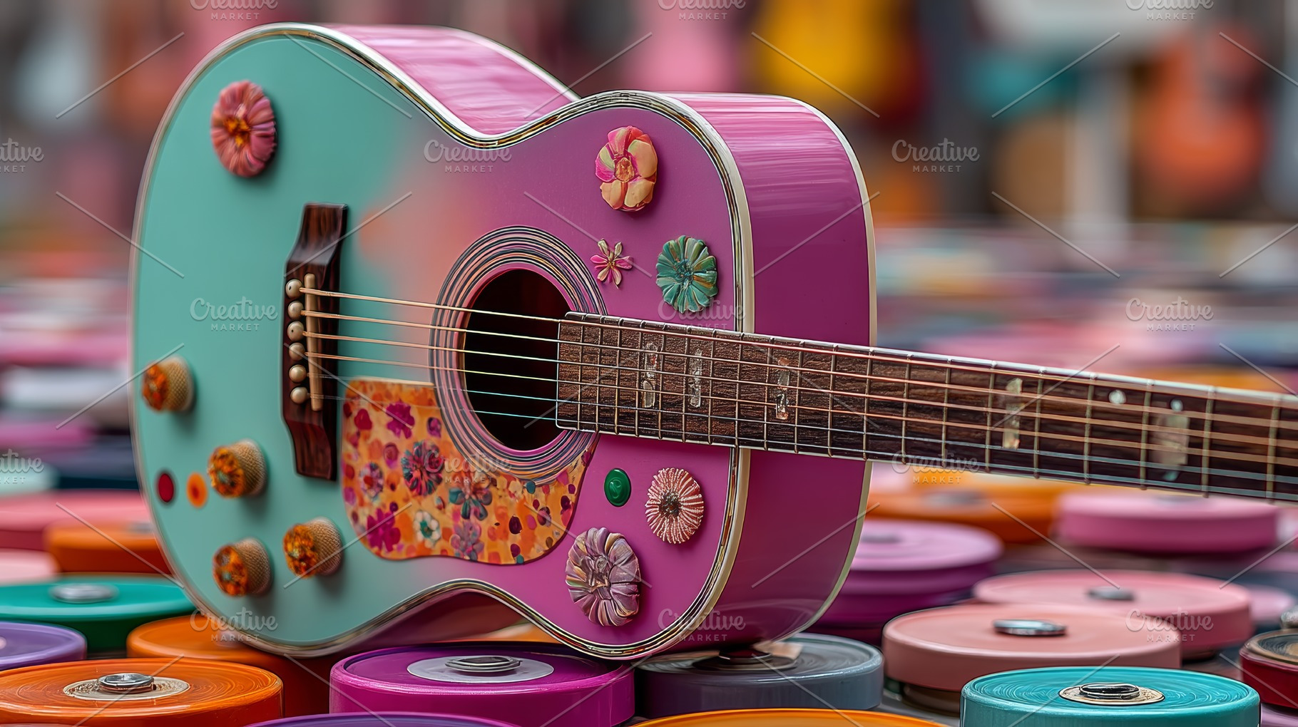 Colorful floral acoustic guitar on vibrant round containers evoking playful mus, a Photo by AS photostudio