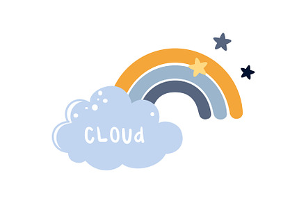 Cute Fluffy Blue Cloud with Rainbow, an Illustration by TopVectors