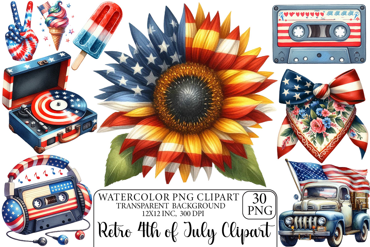 Watercolor Retro 4th of July Clipart, an Illustration by DreamPrint404 (Photo 1 of 3)
