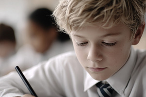 Focused young boy in school uniform, a School & Education Photo by MistyDay