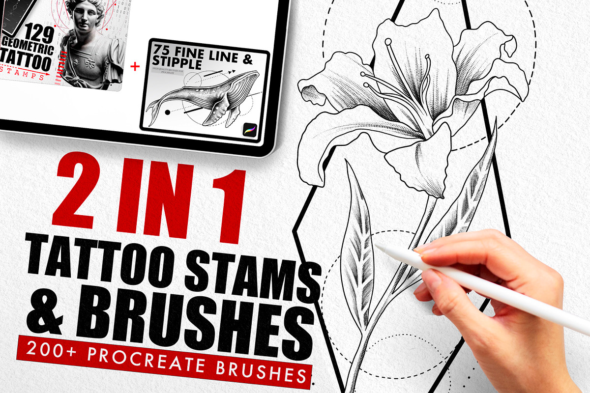 2 in 1 Tattoo Brushes for Procreate, a Brush Add-On by Nuclear Brushes (Photo 1 of 9)