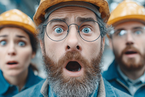 Shocked industrial workers in protective gear inside a factory environment, an Industrial Photo by AS photostudio