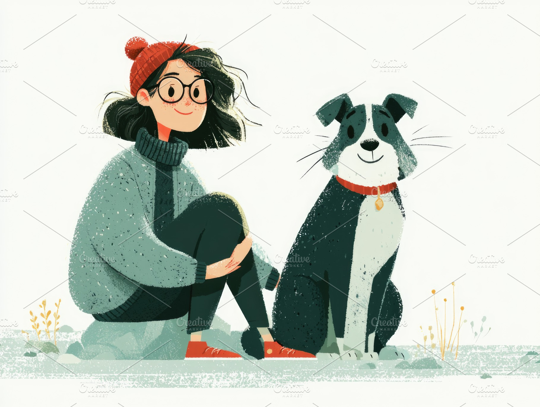Young woman sitting with her dog in outdoor lifestyle illustrati, a Health & Medical Photo by José Manuel Gelpi