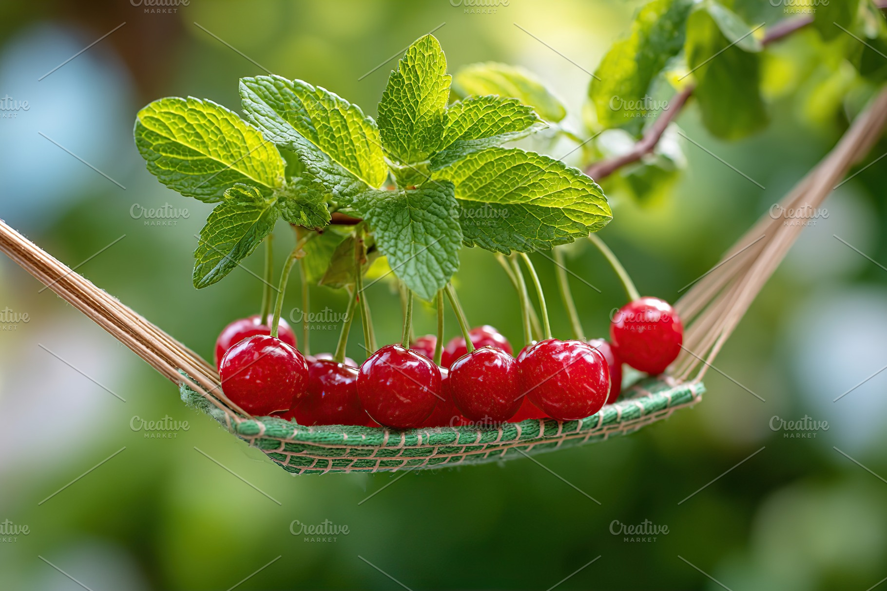 Miniature hammock cradles fresh cherries and mint leaves in a vibrant outdoor s, a Food & Drink Photo by AlyaAnd