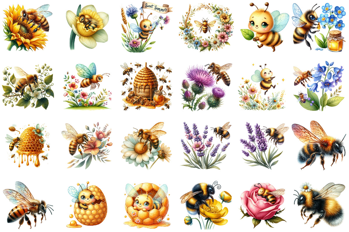 Summer Bees With Flowers Clipart, an Illustration by Sublimation Artist (Photo 2 of 6)
