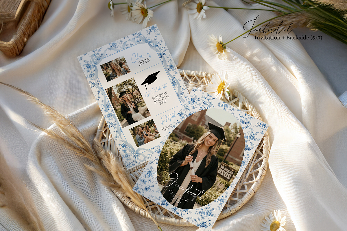 Dusty Blue Floral Graduation Invite, an Invitation Template by MockupWizard (Photo 2 of 3)