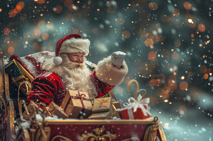 Santa Claus waves cheerfully from hi, a Photo by Tanuart