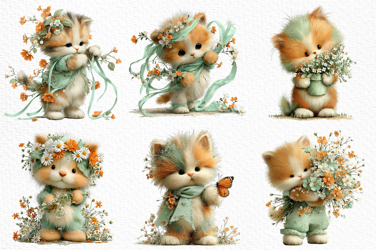 Whimsical Spring Cats Clipart, an Illustration by Craft Nest (Photo 5 of 11)