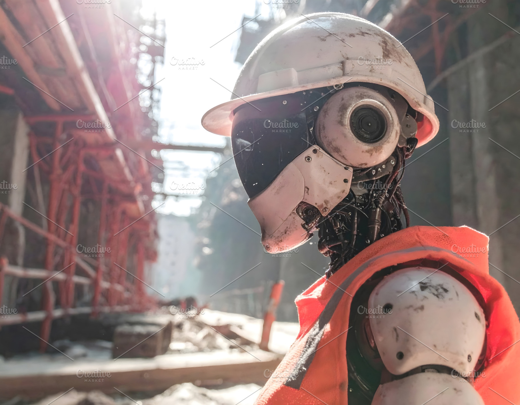 Robot worker wearing helmet on busy construction site, a Technology Photo by GoodGoods