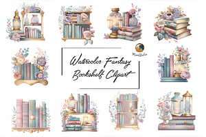 Watercolor Fantasy Bookshelf Clipart