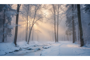 A serene winter forest with soft, a Background Photo by Igor Tichonow