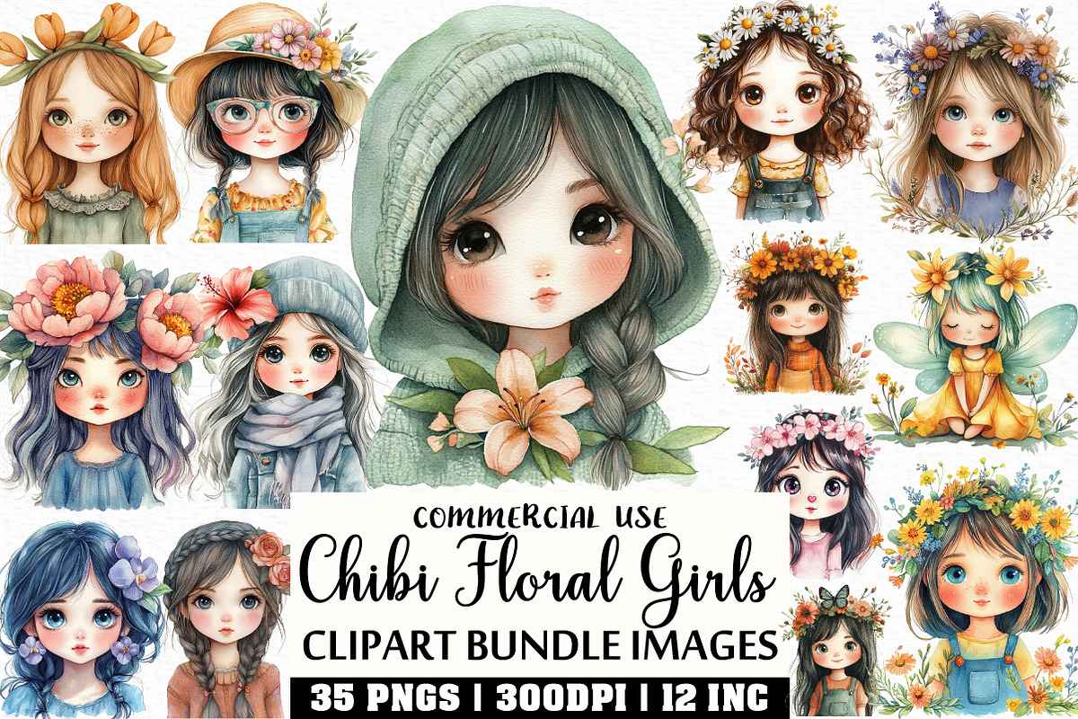 Cute Chibi Floral Girls Clipart, an Illustration by Craft Nest (Photo 1 of 6)