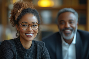 Smiling woman and man share a joyful, a Photo by Tanuart