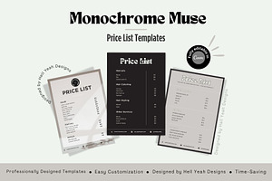 Monochrome Muse Price List Templates, a Stationery Template by Hell Yeah Designs
