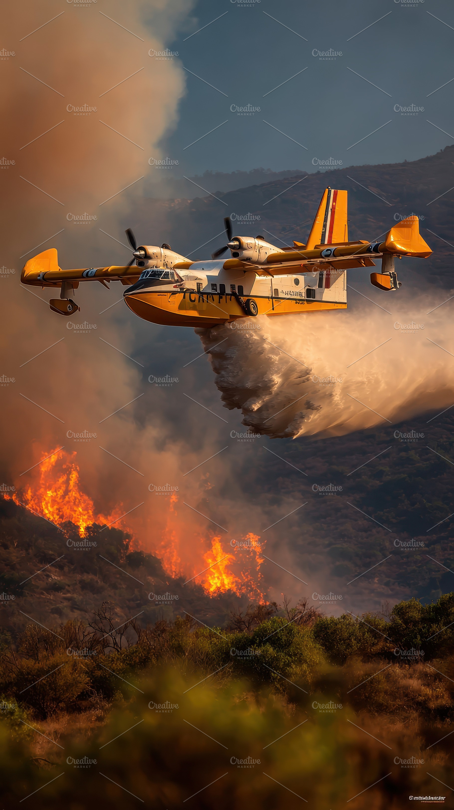Firefighting plane drops water on wi, a Photo by Pixeness Studio