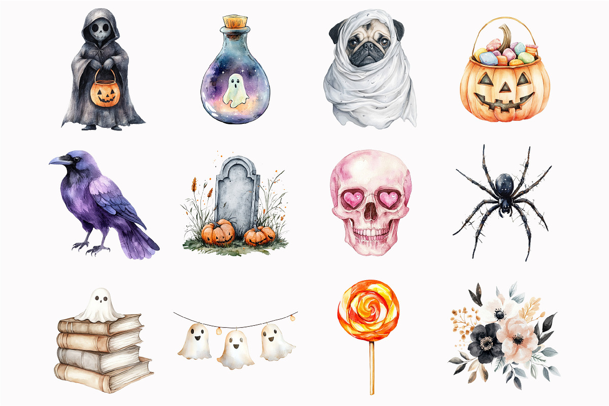 Watercolor Cute Halloween Clipart, an Illustration by Design Market (Photo 3 of 5)