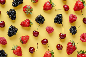 Pattern of ripe different berries on yellow background, a Food & Drink Photo by AlyaAnd