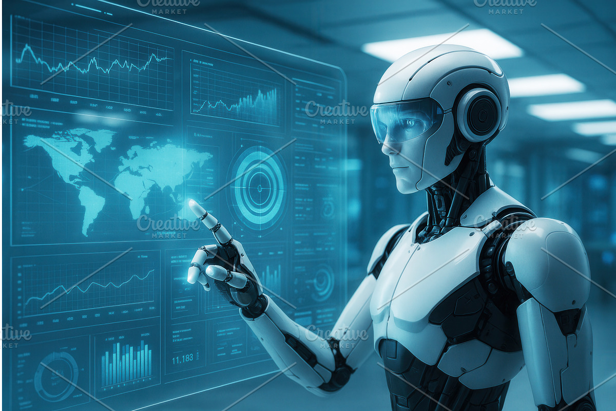 A futuristic robot interacts with a, a Technology Illustration by Sergey Kotenev