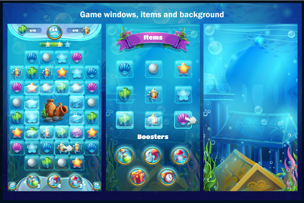 Atlantis Ruins Match 3 Mobile UI Kit, an UI Kit Template by Nearbirds (Photo 6 of 7)