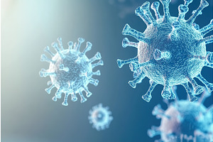 Microscopic view of blue coronavirus, an Illustration by Lermont51