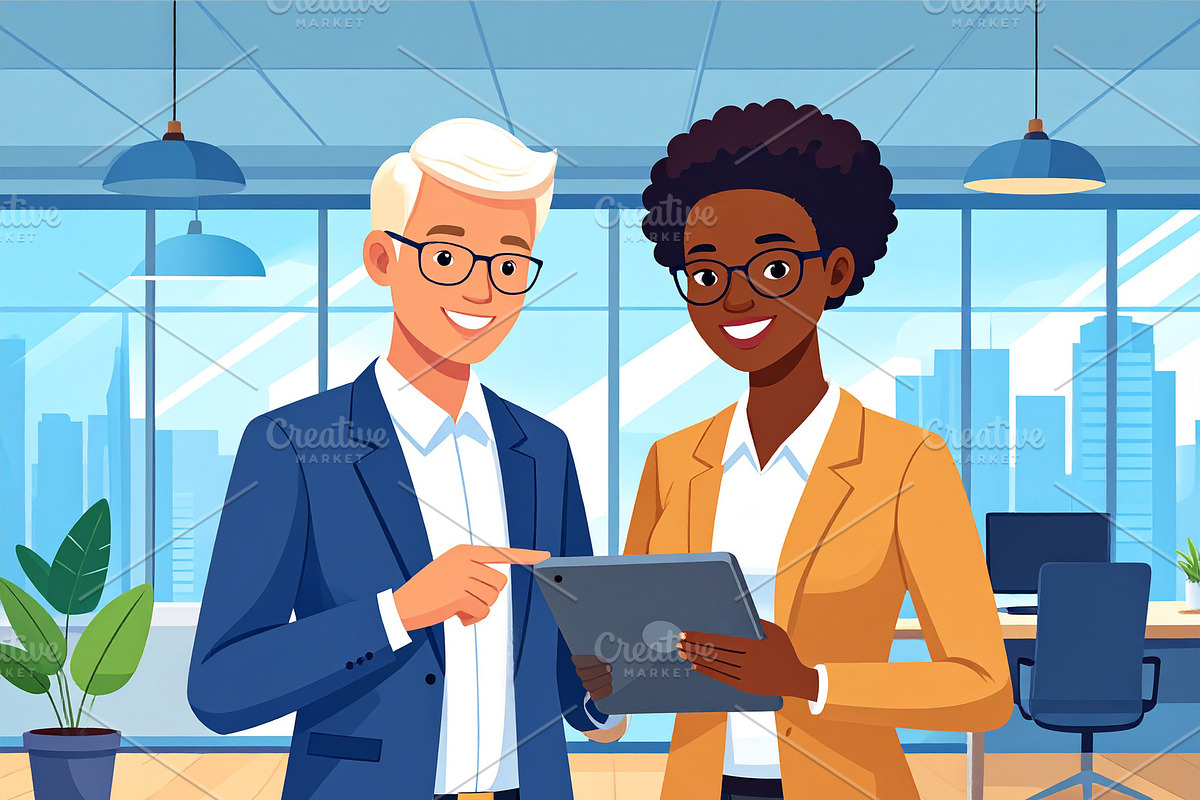 Coworkers pointing at a tablet and smiling, symbolizing knowledg, an Education Illustration by DanFLCreativo