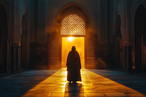 A silhouette of a arabic person standing in a grand doorway, illuminated by gol, a Person Photo by Textures & Backgrounds