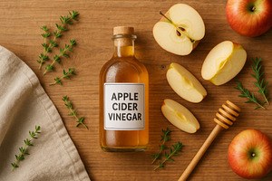 Apple cider vinegar bottle with hone, a Photo by Dvoevnore photos