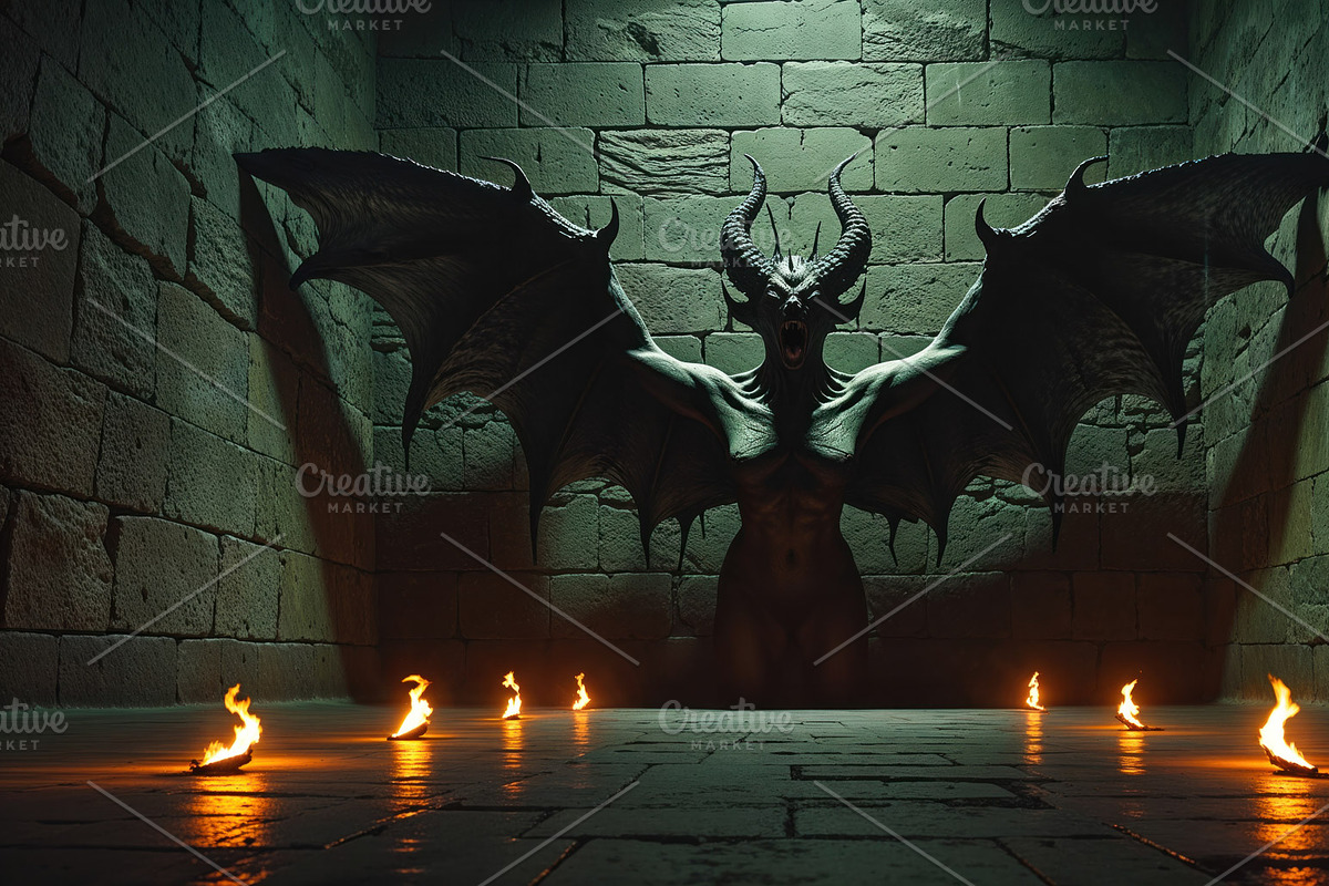Roaring demon spreading wings, an Illustration by wavebreak