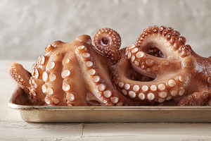 Fresh octopus sits on a tray, a Photo by Beautiful things