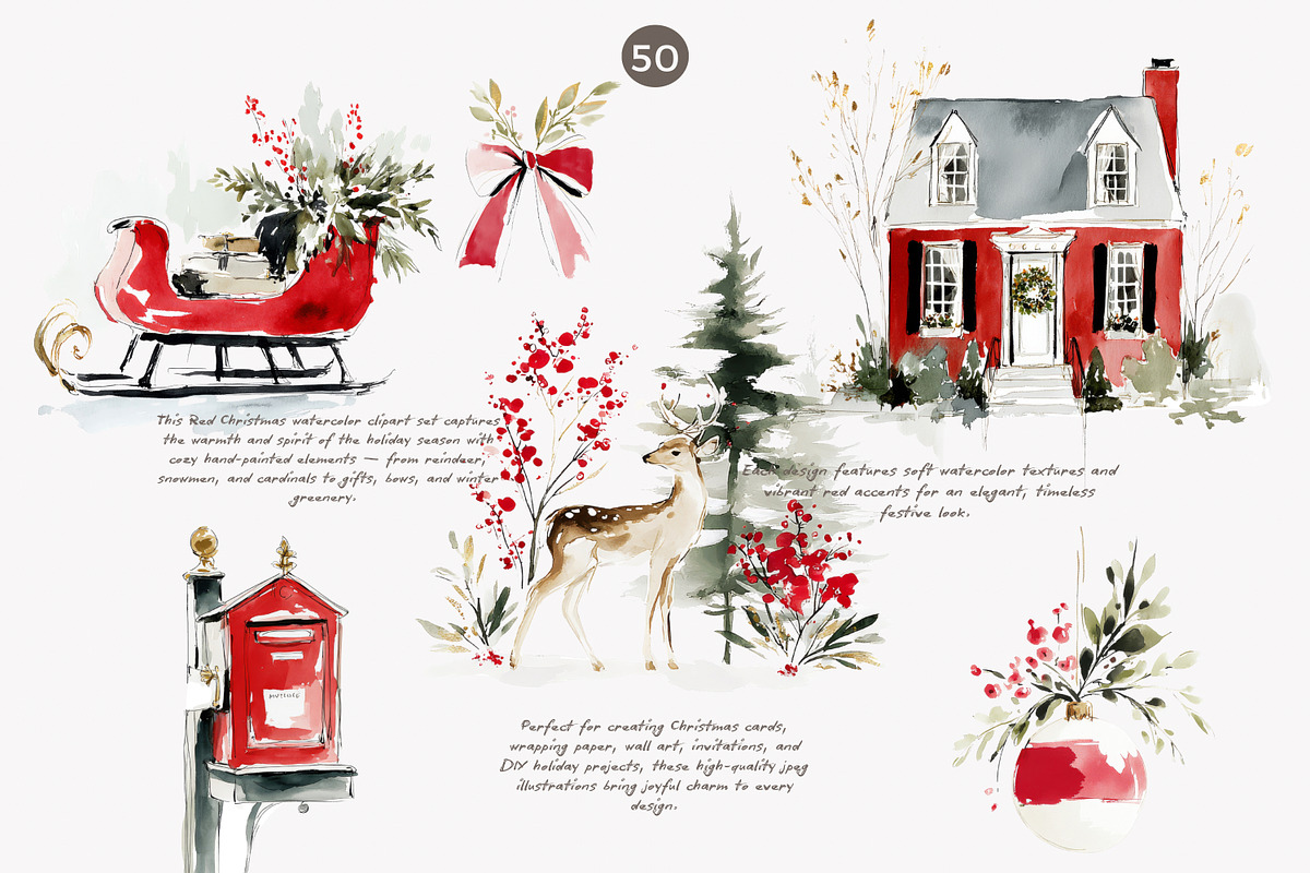 Festive red Christmas watercolor set, a Decorative Illustration by Patishop Art (Photo 4 of 9)