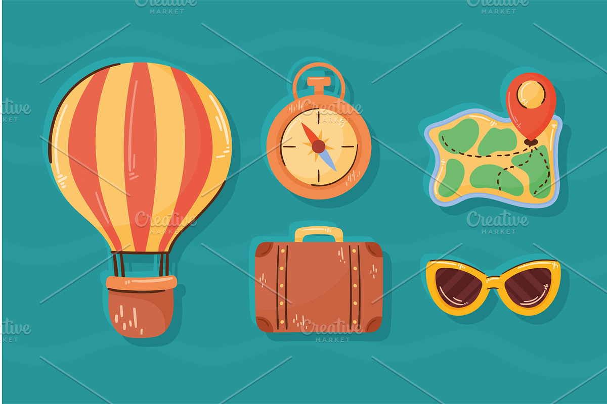 five travel vacations icons, an Object Illustration by studiogstock